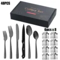 Coffret de couverts 48 pièces en acier inoxydable noir mat avec boîte, service pour 8 pers. - 410 Brillant Set 48 Pcs / Noir