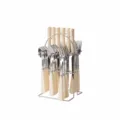 Set de couverts de 24 pièces en acier inoxydable avec poignées en plastique et support métallique - Lame Argentée Poignée Beiges Polie à l'Eau