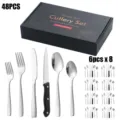 48-teiliges Edelstahl Besteck Set Messer Gabel Löffel Küchen Geschirr Besteckkasten. - 410 Glänzend 48 Stk Set / Silber