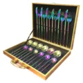 Juego de cubiertos de acero inoxidable arcoíris 24 piezas con caja de regalo dorada - Conjunto de Caja de Madera Iridiscente