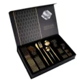 Set de couverts dorés en acier inoxydable manche plat couteau fourchette cuillère coffret - Or