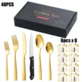 48 tlg. Gold Besteckset Edelstahl, modernes Besteck Set für 8 Personen, edle Tischkultur neu. - 410 Glänzend 48 Stk Set / Gold