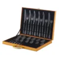 Coffret cadeau élégant de 24 couverts en acier inoxydable, vaisselle de cuisine noire. - Boîte en Bois Dorée / Noir
