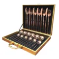Juego de cubiertos de 24 piezas de acero inoxidable en oro rosa con caja de regalo de lujo. - Conjunto de Caja de Madera Oro Rosa