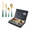 Set de 24 Couverts en Acier Inoxydable Doré avec Poignées Vert Fonce et Coffret Cadeau - Ensemble de 24 Pièces / Vert et Or