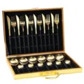 Set de cubiertos de lujo de 24 piezas de acero inoxidable dorado con mangos negros en estuche. - Conjunto de Caja de Madera Negro y Oro
