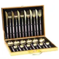 Juego de cubiertos de 24 piezas de acero inoxidable dorado con mangos rosados en caja de regalo - Conjunto de Caja de Madera Rosa y Oro