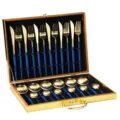 Juego de cubiertos de lujo de 24 piezas de acero inoxidable dorado en caja de regalo. - Conjunto de Caja de Madera Azul y Oro