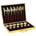 Juego de cubiertos de 24 piezas de acero inoxidable con acabado dorado y caja de regalo. - Conjunto de Caja de Madera Rojo y Oro