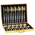 Variante de juego de cubiertos de 24 piezas de acero inoxidable dorado y blanco en caja. - Conjunto de Caja de Madera Blanco y Oro