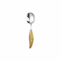 Stainless steel dinner spoon featuring a luxurious gold leaf handle and polished silver bowl. - Feather Handle Round Spoon / Gold