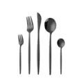 Black stainless steel 5-piece flatware set with textured handles for modern dining table. - Five-Piece Set / Black