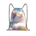 Gedetailleerd uitzicht op de schattige kattenprint polyester trekkoordrugzak voor buitensporten. - Kat Bloemen Stijl (jiayingskd188)