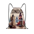 Vue détaillée du sac à dos cordon en polyester thème Londres avec impression nette. - Style Monument de Londres (jiayingskd190)