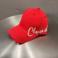 Red baseball cap with white embroidered Cloud letters, distressed brim, casual streetwear hat. - Adjustable / Burgundy