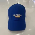 Blue cotton baseball cap featuring stylish white and yellow embroidered front lettering. - Adjustable / Blue