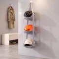 Hanging mesh storage organizer multi-tier wall mounted holder for balls and gear. - Triple Layer / Gray