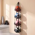 Wall mounted ball storage net organizer hanging vertical sports equipment holder for gym - 4 Tiers / Black