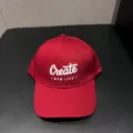 Red baseball cap with white embroidered text create new life detail view for casual wear. - Adjustable / Burgundy