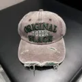 Distressed washed baseball cap with green embroidered letters for retro street style. - Adjustable / Coffee