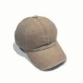 Close-up detail of the distressed washed cotton baseball cap with curved brim and eyelets. - Adjustable / Khaki