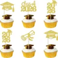 Graduation cupcake toppers set, gold glitter 2026 graduation cap and scroll dessert decorations. - 12 Pieces/Set / Gold