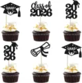 Graduation cupcake toppers 2026 black glitter graduation cap class of 2026 party decorations - 12 Pieces/Set / Black