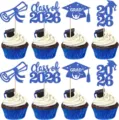 Graduation cupcake toppers class of 2026 blue glitter graduation party cake decorations. - 12 Pieces/Set / Blue