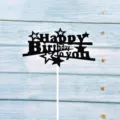 Μαύρο γκλίτερ Happy Birthday topper τούρτας με αστέρια για διακόσμηση πάρτι γενεθλίων - Αστέρι Μαύρο
