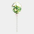 Clear confetti cake topper balloon with green gold flakes, stick and pink bow for party. - Balloon / Green