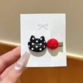 Korean style polka dot cat side hair clip with red bead cute metal duckbill hair accessory detail view. - Cat / 1 Piece / Black