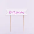 Rosa glitzernder Happy Birthday Kuchentortenaufleger Banner mit Holzstäben für Partys. - Gestreifter Stil / Fuchsia