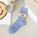 Retro ethnic style winter thermal wool mid-calf socks with cute dog and diamond pattern design - One Size / Blue