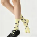 Women ballet split toe mid calf socks cute yellow grey polka dot vintage hosiery - One Size / Yellow