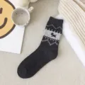 Thickened dark grey winter wool socks with retro ethnic geometric pattern and cute dog motif. - One Size / Dark Gray