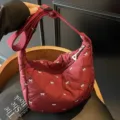 Burgundy quilted shoulder bag for women, casual lightweight tote with cute white bow embroidery. - Burgundy