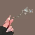 New Chinese style silver butterfly flower hair stick for elegant buns, Hanfu and cheongsam. - Double Flower Moonstone-Look / Silver