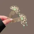 Chinese style vintage hair comb with green stone rhinestone pearls and elegant hanging tassel. - 2 Pieces/Pack / Vintage Green Bamboo Tassel Hair Fork