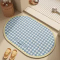 Blue white checkered oval bath mat with inspirational text, quick dry non slip floor mat. - Light Blue Sunlight