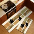 Kitchen mat detail showing absorbent diatomaceous earth surface with cute black cat and retro tile print. - Black Cat Shadow