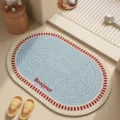 Oval woven floor mat blue and red border non slip absorbent bathroom rug for home decor - Naughty Blue