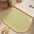 Oval absorbent bath mat with braided texture and Bonjour text for bathroom floor decor - 60*90cm (Diatomaceous Mud) / Lime Cream Yellow