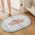 INS style oval bath mat with blue and white grid pattern and red embroidery text, absorbent mat. - Blue Rhyme Light Weave