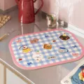 American retro kitchen draining mat with blue plaid and cute puppy cartoon print, anti-slip. - Light Blue Check