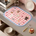 Cute pink checkered leather draining mat and placemat for kitchen countertop use, easy to clean. - Light Pink Check
