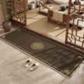 Chinese style linen hallway floor mat, long non-slip entrance rug in dark brown color. - Misty Coffee