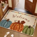 American faux linen entryway doormat, autumn pumpkin pattern non slip hallway decorative carpet - 40*60cm (Linen) / Three Pumpkins Joy