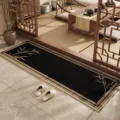 New Chinese style linen hallway floor mat, black with gold bamboo pattern long rug variant. - Swaying Bamboo 4