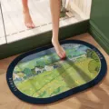 Nordic oval absorbent bath mat with oil painting landscape, non-slip mat for bathroom doorway. - Beautiful Village - Oval
