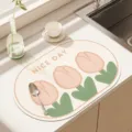Modern minimalist kitchen draining mat, absorbent tulip print oval placemat for countertop - 30x40cm (Tech Cloth) / Pink Tulip
